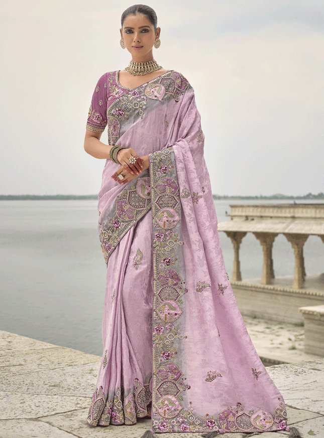 Lilac Pink Pure Viscose Handwork Jacquard Saree