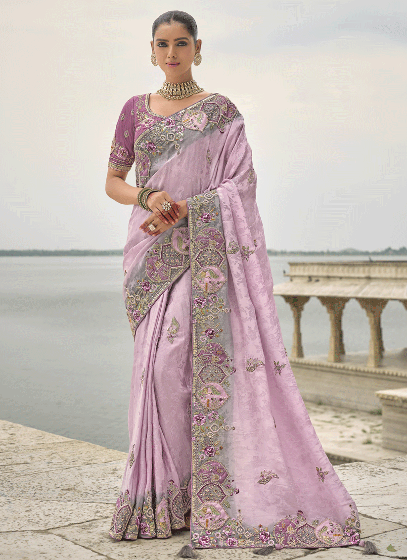 Lilac Pink Pure Viscose Handwork Jacquard Saree