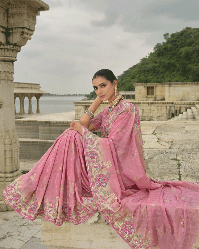 Carnation Pink Pure Viscose Handwork Jacquard Saree