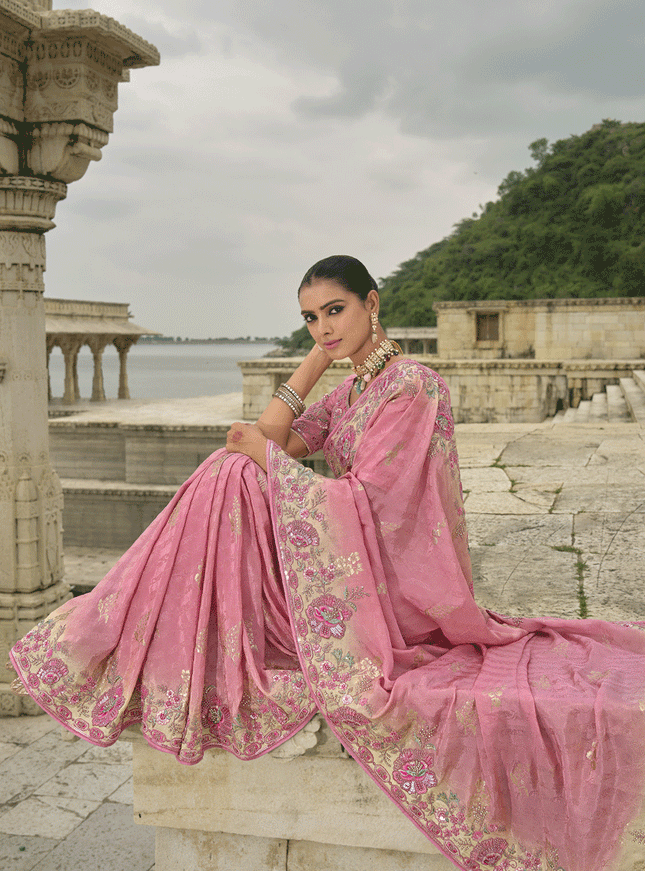 Carnation Pink Pure Viscose Handwork Jacquard Saree