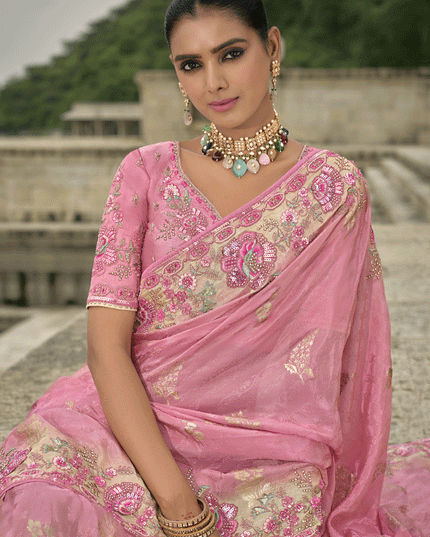 Carnation Pink Pure Viscose Handwork Jacquard Saree