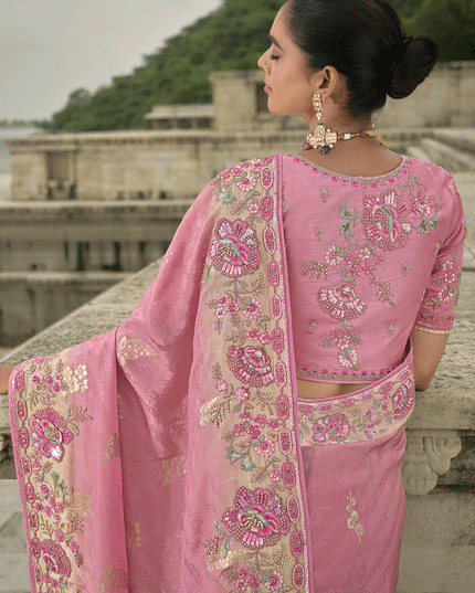 Carnation Pink Pure Viscose Handwork Jacquard Saree