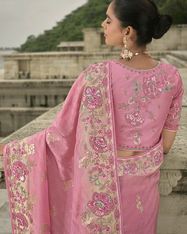 Carnation Pink Pure Viscose Handwork Jacquard Saree