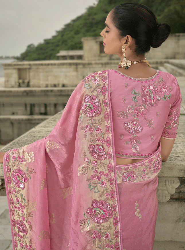 Carnation Pink Pure Viscose Handwork Jacquard Saree
