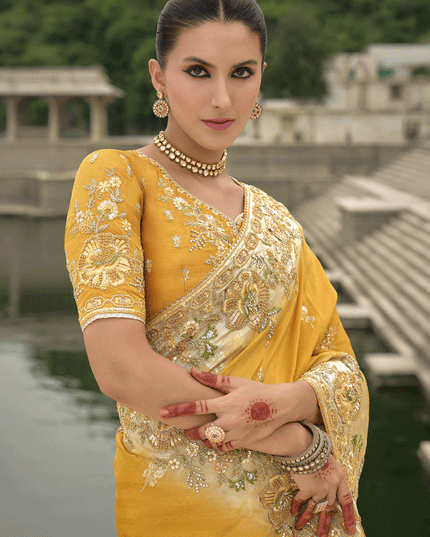 Mustard Yellow Pure Viscose Handwork Jacquard Saree