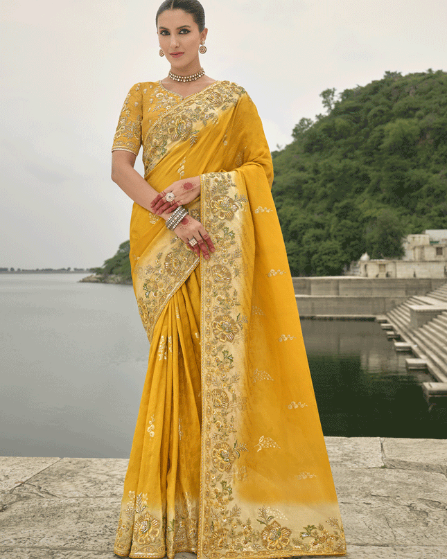 Mustard Yellow Pure Viscose Handwork Jacquard Saree