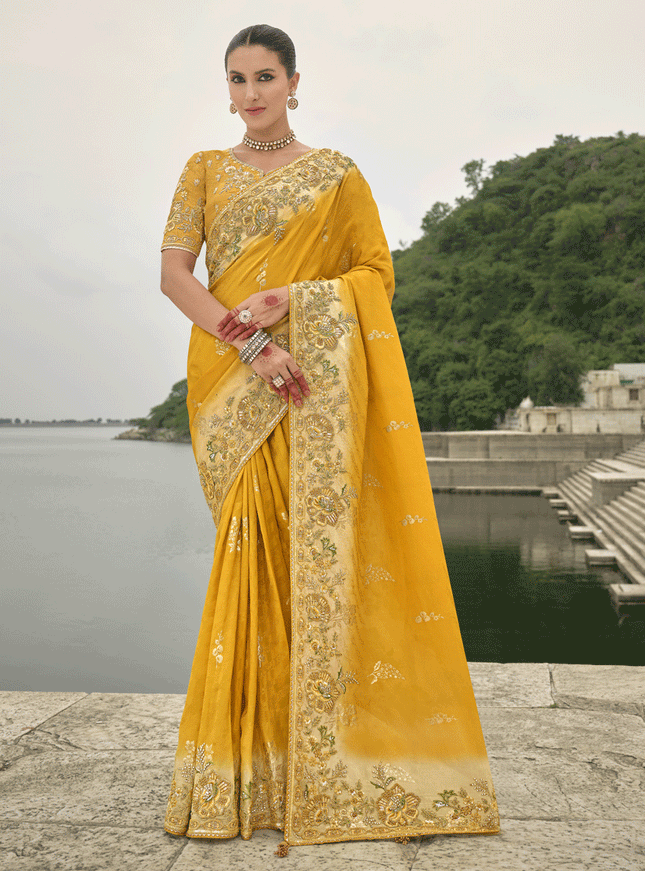 Mustard Yellow Pure Viscose Handwork Jacquard Saree
