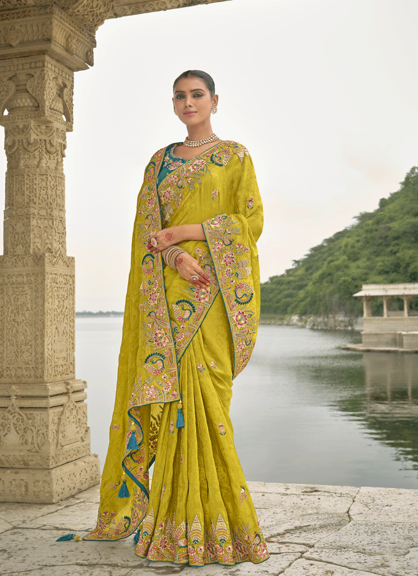 Lime Yellow Pure Viscose Handwork Jacquard Saree