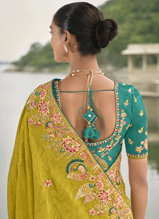Lime Yellow Pure Viscose Handwork Jacquard Saree