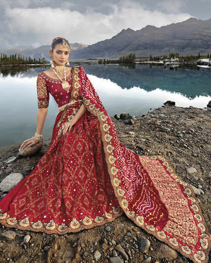 Maroon Heavy Bandhej Designer Saree