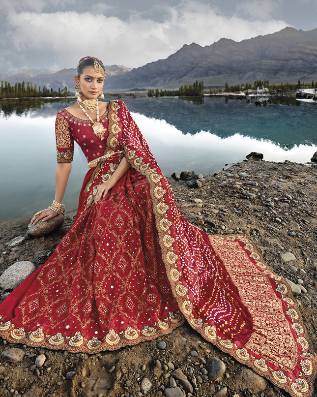 Maroon Heavy Bandhej Designer Saree