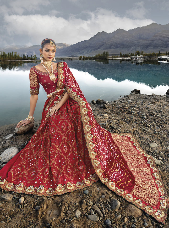 Maroon Heavy Bandhej Designer Saree