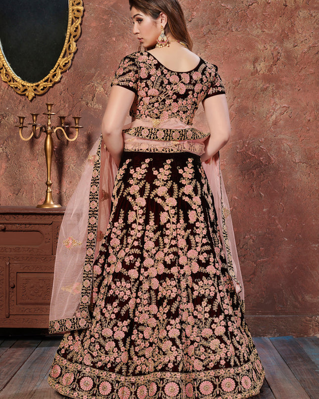 Astonishing Maroon Velvet Embroidered Wedding Lehenga Choli