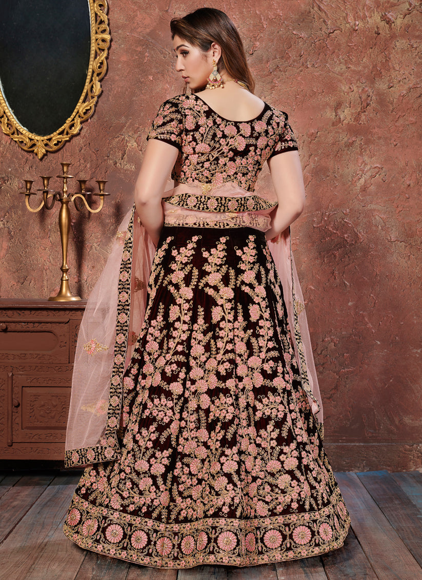 Astonishing Maroon Velvet Embroidered Wedding Lehenga Choli
