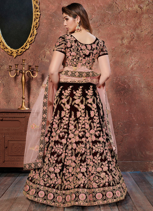 Astonishing Maroon Velvet Embroidered Wedding Lehenga Choli