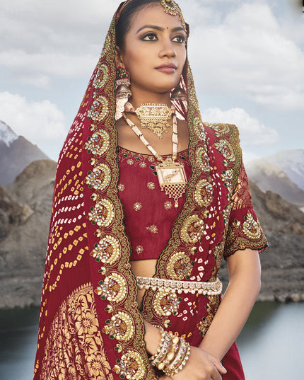 Maroon Heavy Bandhej Designer Saree