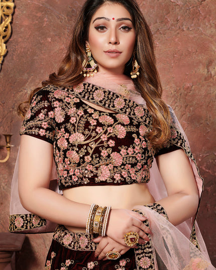 Astonishing Maroon Velvet Embroidered Wedding Lehenga Choli