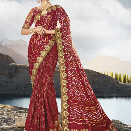 Maroon Heavy Bandhej Designer Saree