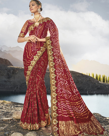 Maroon Heavy Bandhej Designer Saree
