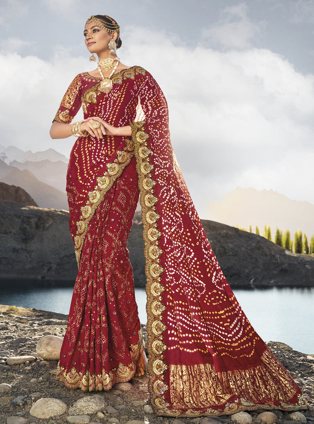 Maroon Heavy Bandhej Designer Saree