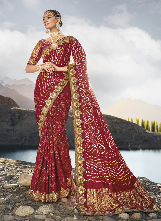 Maroon Heavy Bandhej Designer Saree