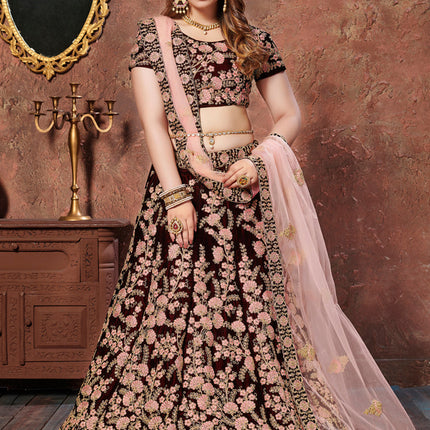 Astonishing Maroon Velvet Embroidered Wedding Lehenga Choli