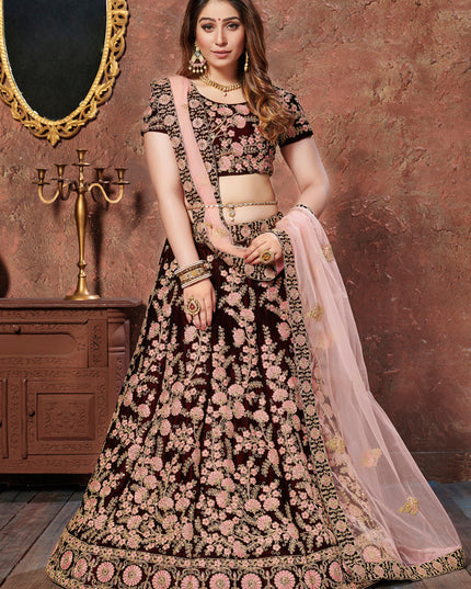 Astonishing Maroon Velvet Embroidered Wedding Lehenga Choli