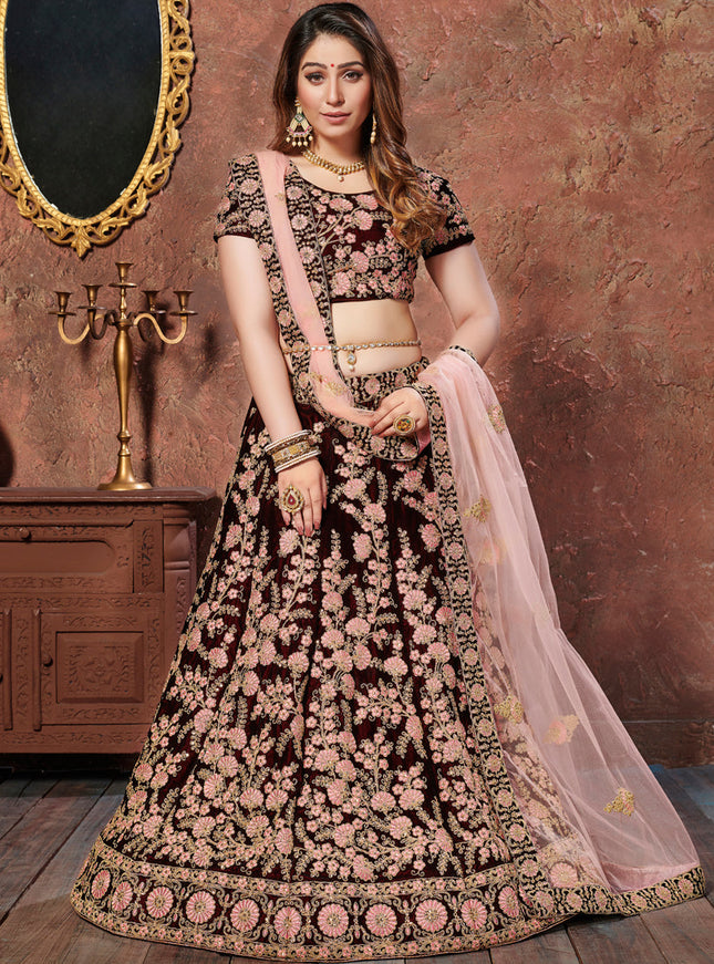Astonishing Maroon Velvet Embroidered Wedding Lehenga Choli