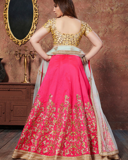 Stunning Yellow and Pink Mulberry Silk Embroidered Wedding Lehenga Choli