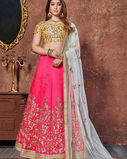 Stunning Yellow and Pink Mulberry Silk Embroidered Wedding Lehenga Choli