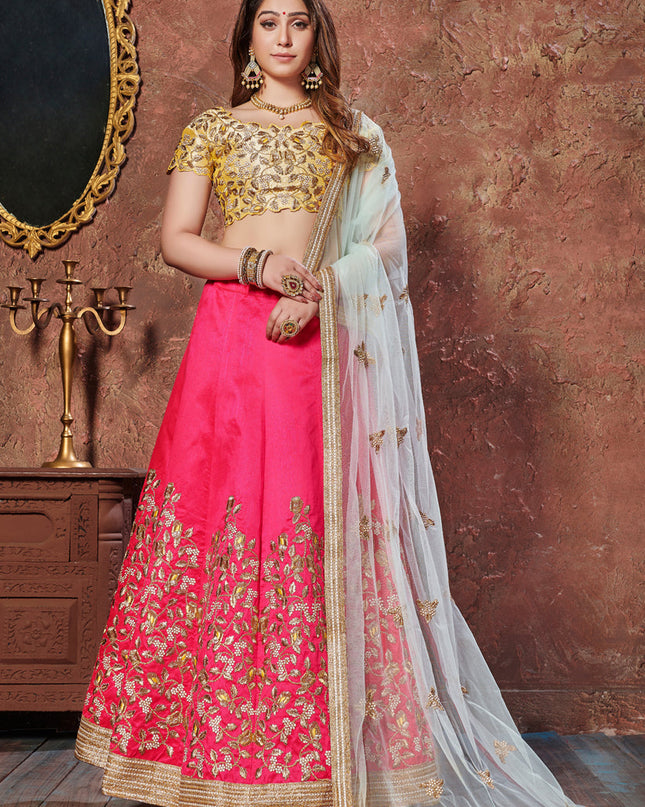 Stunning Yellow and Pink Mulberry Silk Embroidered Wedding Lehenga Choli
