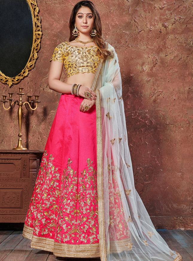 Stunning Yellow and Pink Mulberry Silk Embroidered Wedding Lehenga Choli