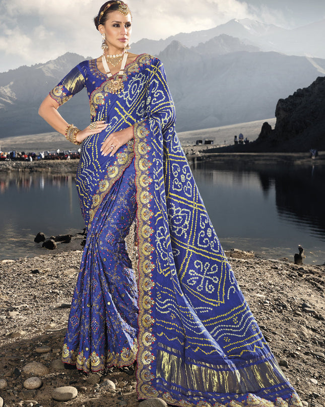 Royal Blue Heavy Bandhej Designer Saree