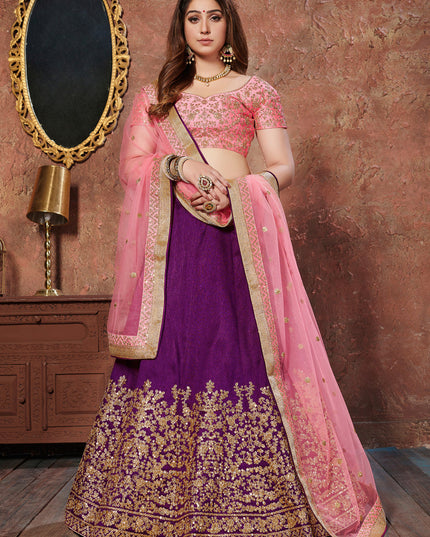 Awesome Purple Mulberry Silk Embroidered Wedding Lehenga Choli
