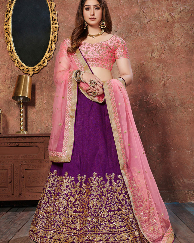 Awesome Purple Mulberry Silk Embroidered Wedding Lehenga Choli