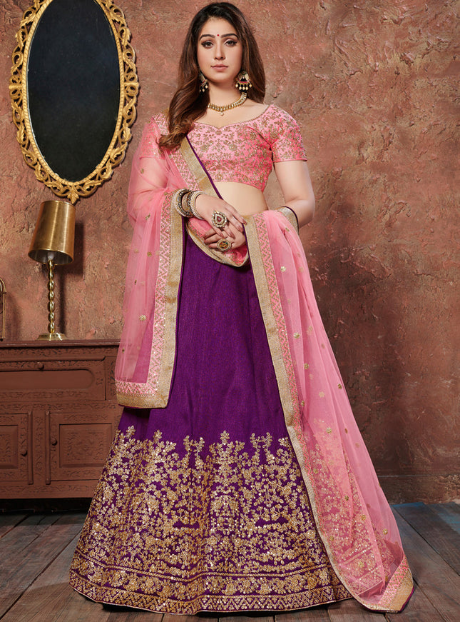 Awesome Purple Mulberry Silk Embroidered Wedding Lehenga Choli