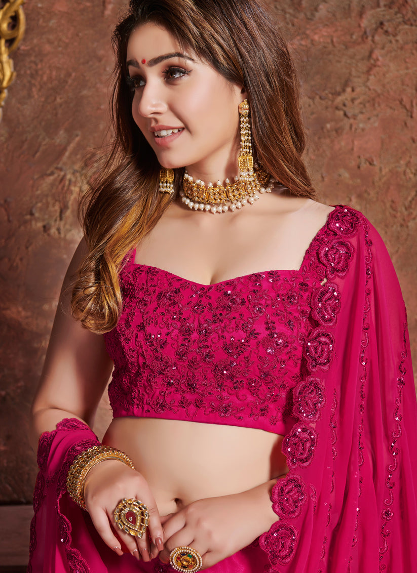 Pretty Pink Georgette Embroidered Wedding Lehenga Choli