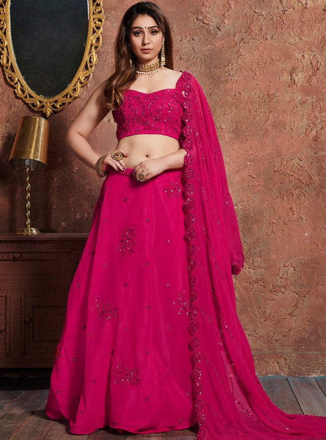 Pretty Pink Georgette Embroidered Wedding Lehenga Choli