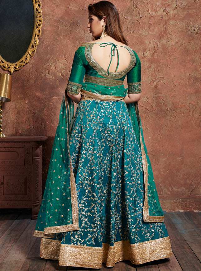 Elegant Turquoise Art Silk Embroidered Wedding Lehenga Choli