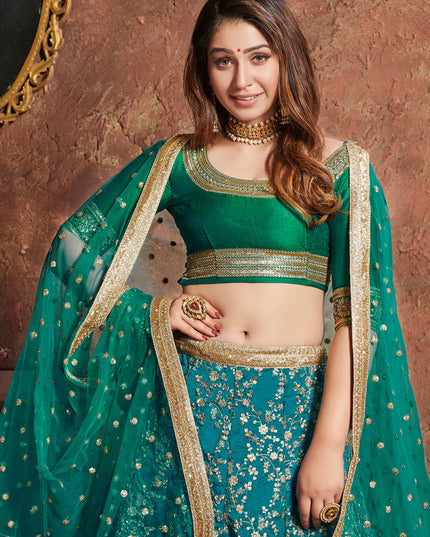 Elegant Turquoise Art Silk Embroidered Wedding Lehenga Choli