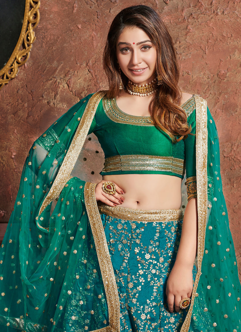 Elegant Turquoise Art Silk Embroidered Wedding Lehenga Choli