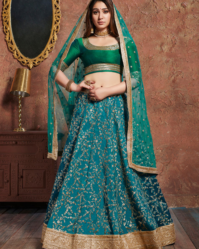 Elegant Turquoise Art Silk Embroidered Wedding Lehenga Choli