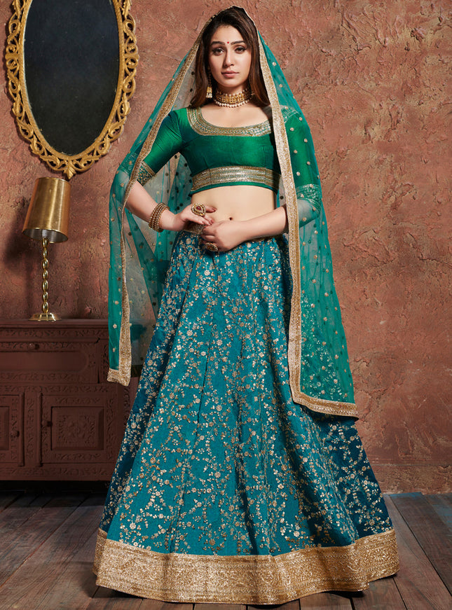 Elegant Turquoise Art Silk Embroidered Wedding Lehenga Choli