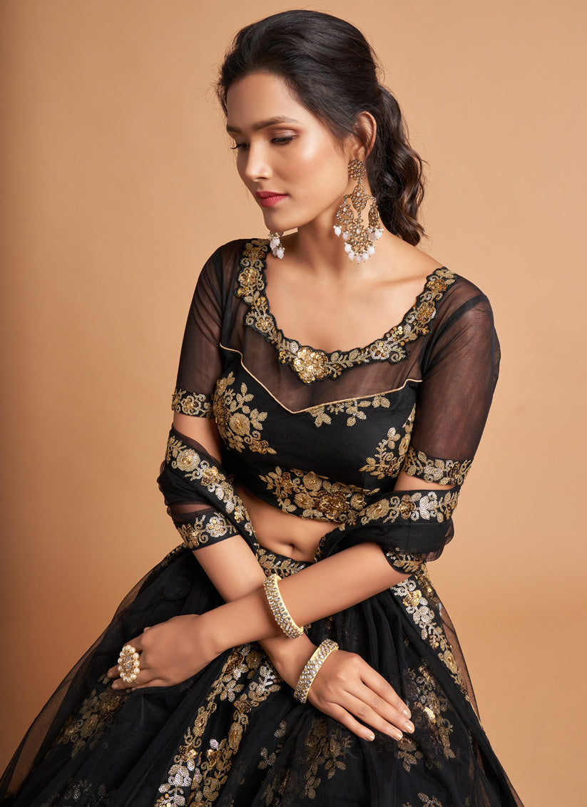 Fabulous Black Net Embroidered Designer Lehenga Choli