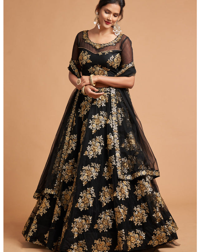 Fabulous Black Net Embroidered Designer Lehenga Choli