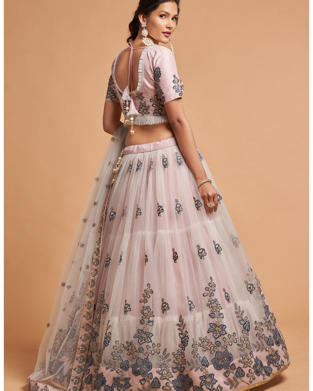 Delightful Ash Grey Net Embroidered Designer Lehenga Choli