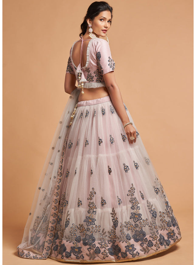 Delightful Ash Grey Net Embroidered Designer Lehenga Choli