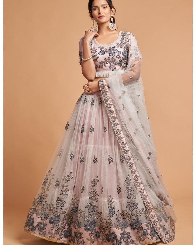 Delightful Ash Grey Net Embroidered Designer Lehenga Choli