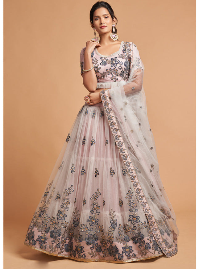 Delightful Ash Grey Net Embroidered Designer Lehenga Choli