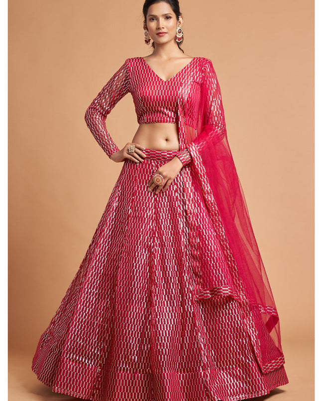 Wonderful Hot Pink Net Embroidered Designer Lehenga Choli